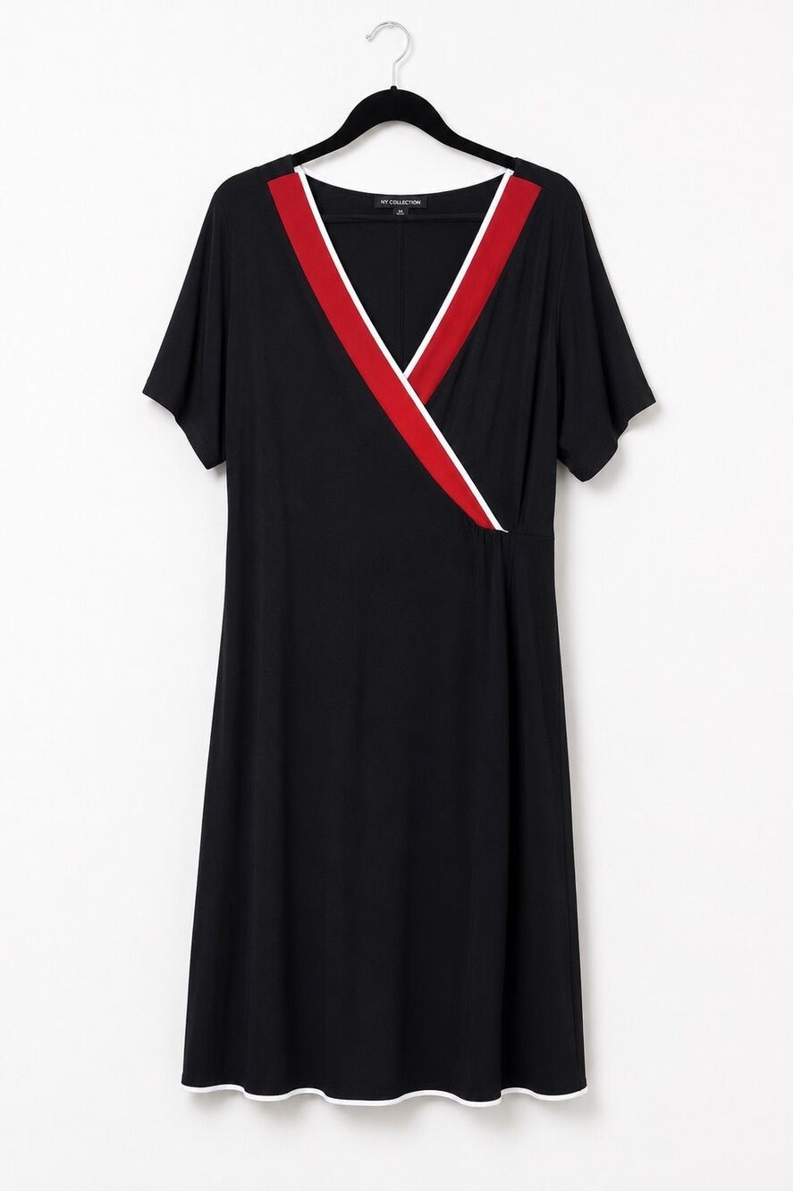NY Collection Woman Faux Wrap Dress 2X Black Red White Plus Size Career Cocktail
